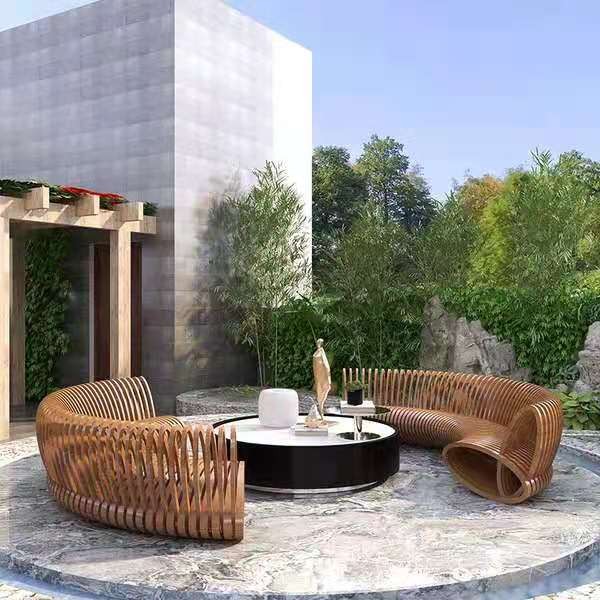 不銹鋼鏤空靠背座椅木藝切片景觀坐凳