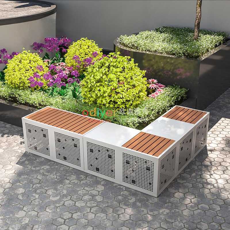 不銹鋼方形坐凳防腐木面鏤空樹池座椅