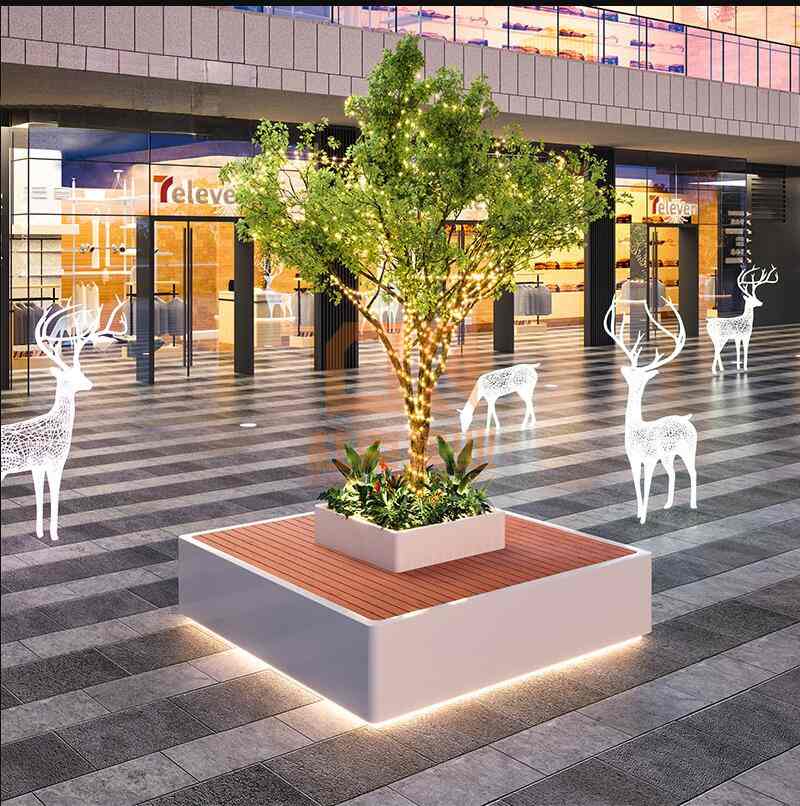 不銹鋼方形坐凳防腐木面鏤空樹池座椅