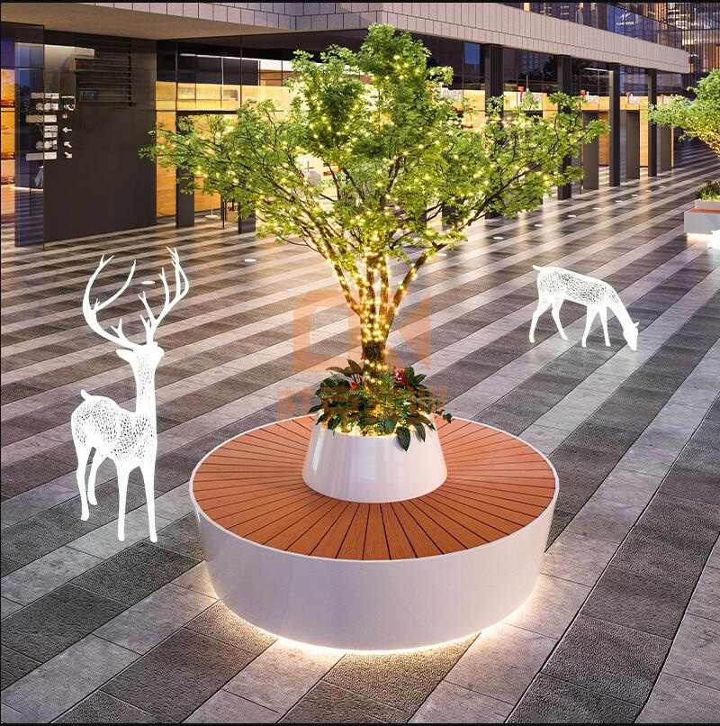 不銹鋼方形坐凳防腐木面鏤空樹池座椅